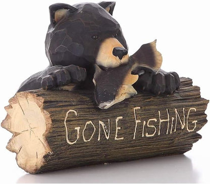 HI-LINE Bear with Gone Fishing Sign Outdoor Garden Statue - 12.25" - Black