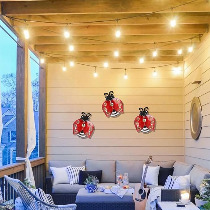 Metal Ladybugs Wall Art Decor, Large Ladybugs Wall Sculpture, Garden Decoration Hanging for Outdoor Garden Yard Lawn Patio, 9.5 * 7 Inch, 3 Pack, Gift for Family