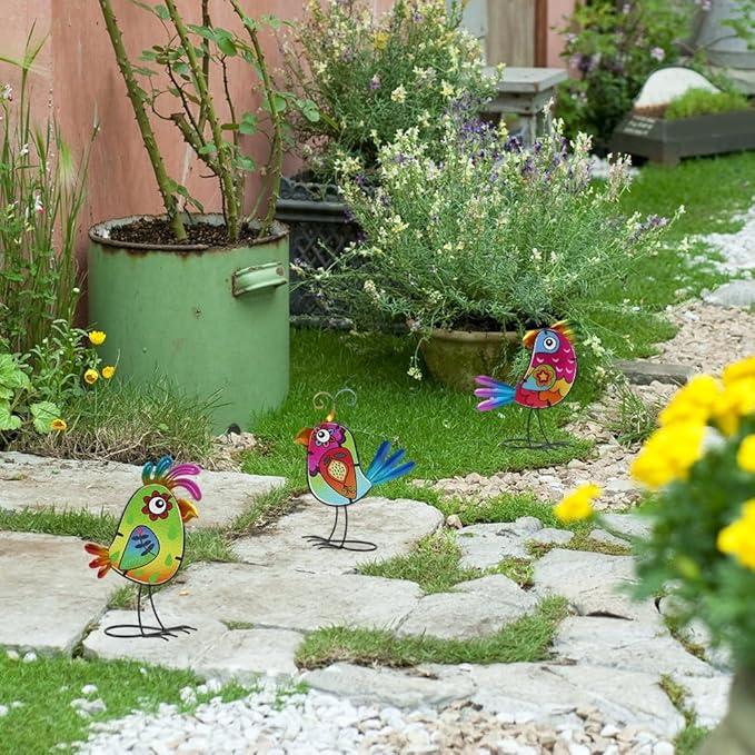 3 Pack Garden Outdoor Metal & Glass Bird Yard Art Decor, Yard Art Decoration for Porch Patio, Garden Statues Sculpture Gifts for Grandma Mom Women (Colorful)