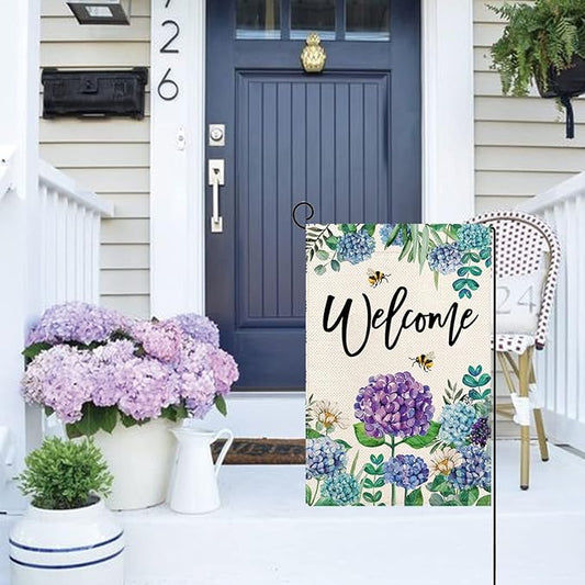 Baccessor Spring Hydrangea Garden Flag Double Sided 12x18 Inch, Summer Purple Blue Flower Floral Welcome Small Yard Flag Burlap Vertical Seasonal Farmhouse Yard Outdoor Decoration