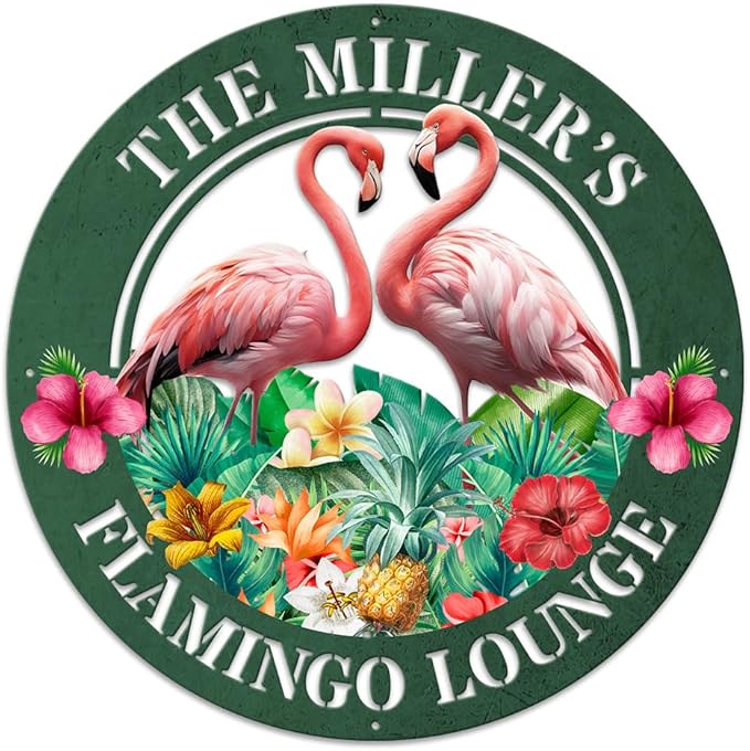 MeMate Flamingo Metal Sign, Outdoor Décor for Backyard, Patio, Pool, Kitchen, Lounge, Personalized Name Outdoor Sign, Pink Metal Sign Housewarming Gift for Family Friend
