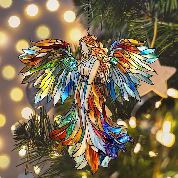 Rainbow Angel Tiffany Style Acrylic Suncatcher Stained Glass Effect Window Car Hanging Christmas Ornament Indoor Outdoor Decor Garden Sun Catcher Panel for Angel Lover for Women Mom Grandma
