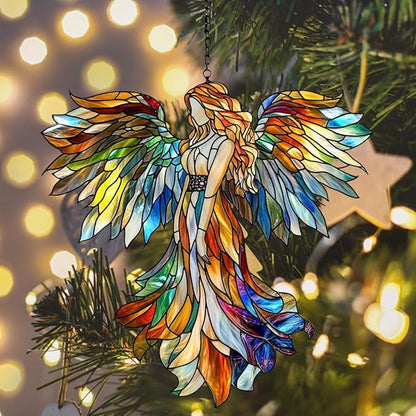 Rainbow Angel Tiffany Style Acrylic Suncatcher Stained Glass Effect Window Car Hanging Christmas Ornament Indoor Outdoor Decor Garden Sun Catcher Panel for Angel Lover for Women Mom Grandma