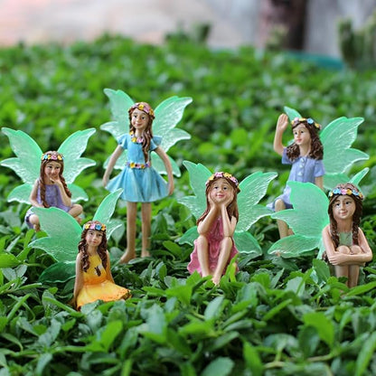 Fairy Garden Decor Fairy Door and Windows for Trees, Glow in The Dark Yard Sculpture Lawn Ornament Mini Garden Art Outdoor Decor Accessories with Lantern (6 Fairies)