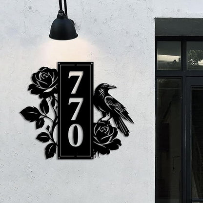 Personalized Gothic House Number metal Signs,Custom Address Number Metal Wall Art Decor,Black Plaques Outdoor wall Decorative Signage,Shed(8-30 Inches) (Crow Rose)