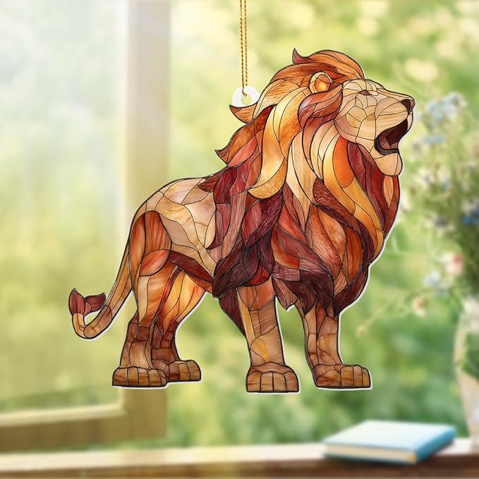 Lion Stained Glass Ornament Acrylic Window Hanging Sun Catcher – Wildlife Animal Decor for Christmas Tree, Rearview Mirror, Home & Car Accessories, Safari Gifts for Men Women, Symbol of StrengthSun-26