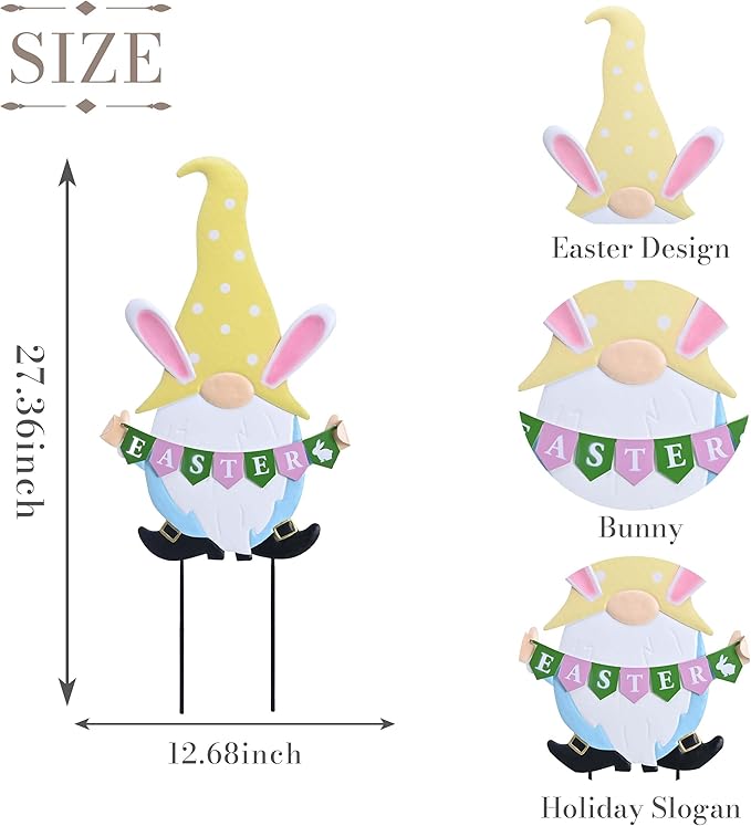 TERESA'S COLLECTIONS Easter Decorations Outdoor for Home, Metal Easter Gnomes Decor Yard Stakes, Pink & Blue Egg Rabbit Garden Stakes Gifts, Welcome Yard Signs for Outside Lawn Porch Patio, 27"
