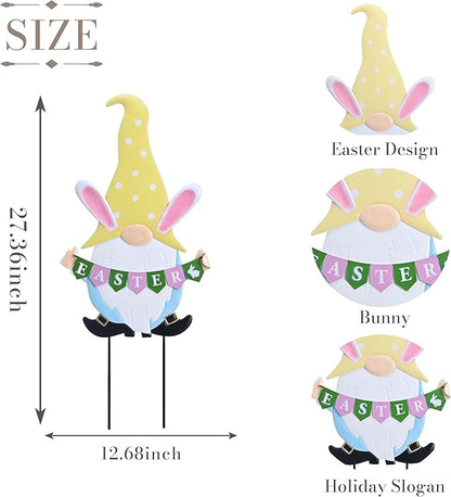 TERESA'S COLLECTIONS Easter Decorations Outdoor for Home, Metal Easter Gnomes Decor Yard Stakes, Pink & Blue Egg Rabbit Garden Stakes Gifts, Welcome Yard Signs for Outside Lawn Porch Patio, 27"
