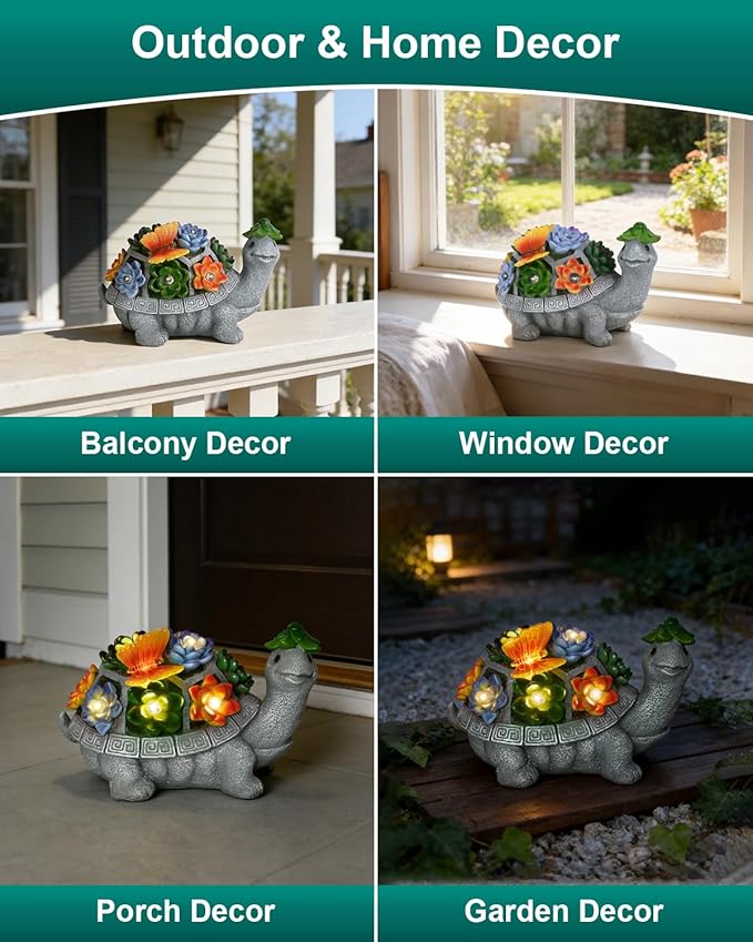 7 Inch Solar Turtle Garden Statue with Butterfly, Succulent & LED Lights, Lawn Ornament for Yard Patio Porch Balcony, Outdoor Decor Figurine - Gifts for Mom Grandma Women