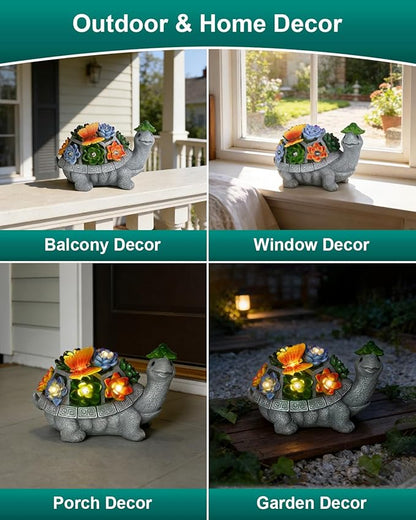 7 Inch Solar Turtle Garden Statue with Butterfly, Succulent & LED Lights, Lawn Ornament for Yard Patio Porch Balcony, Outdoor Decor Figurine - Gifts for Mom Grandma Women