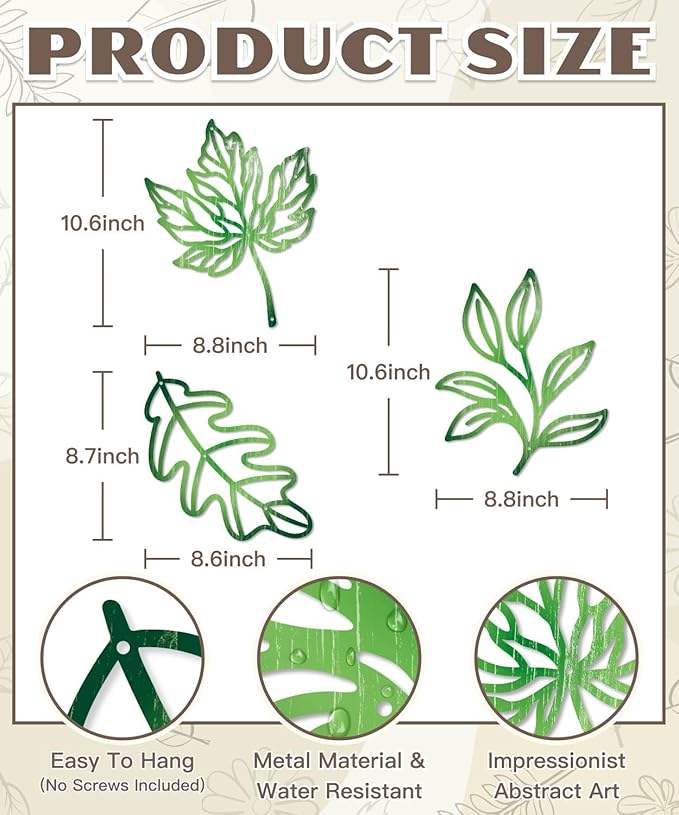 Putuo Decor 3Pcs Leaf Wall Art Metal Botanical Wall Decor, Tropical Nature-Inspired Wall Plant Decor for Living Room, Bedroom, Bathroom, Home Decor(Green)