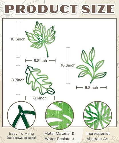 Putuo Decor 3Pcs Leaf Wall Art Metal Botanical Wall Decor, Tropical Nature-Inspired Wall Plant Decor for Living Room, Bedroom, Bathroom, Home Decor(Green)