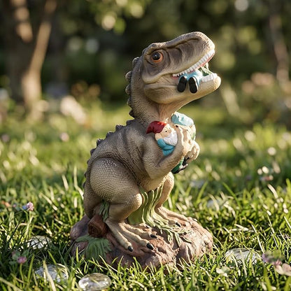 PARTYGEARS Dinosaur Statue with Gnomes, 16“ Large Outdoor Garden Statues Yard Decor, Funny Dinosaur Holding Gnomes Figurines for Patio Lawn, Weatherproof Gnome Decorations for Home, Unique