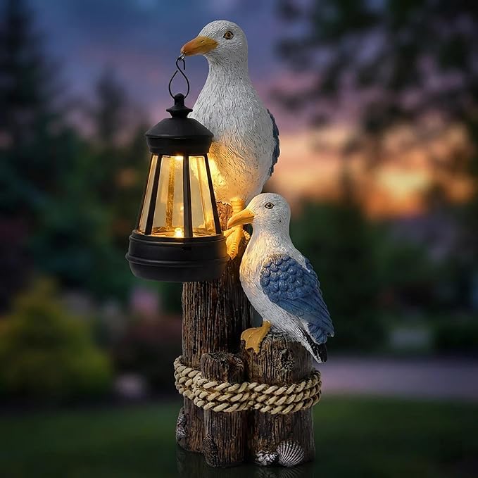 Seagull Solar Garden Outdoor Decor Statues with LED Lantern, Hand Painted Resin Animal Figurine Lights for Patio Lawn Yard Pathway, Unique Coastal Gifts for Women Mom Grandma