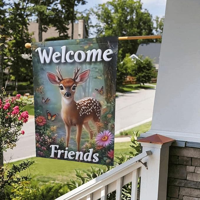 Beautiful Deer Garden Flags 12×18 Inch Welcome Friends Double Sided Decorative Yard Banner Seasonal Flag for Outdoor Outside Decor