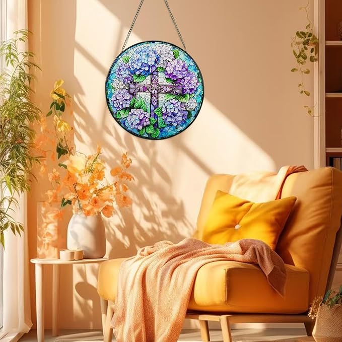 Suncatcher Stained Glass Window Hanging - Cross Glass Panel with Metal Chain and Hooks Handmade Sun Catcher Decoration for Window Garden Home Christmas & Birthday Gifts