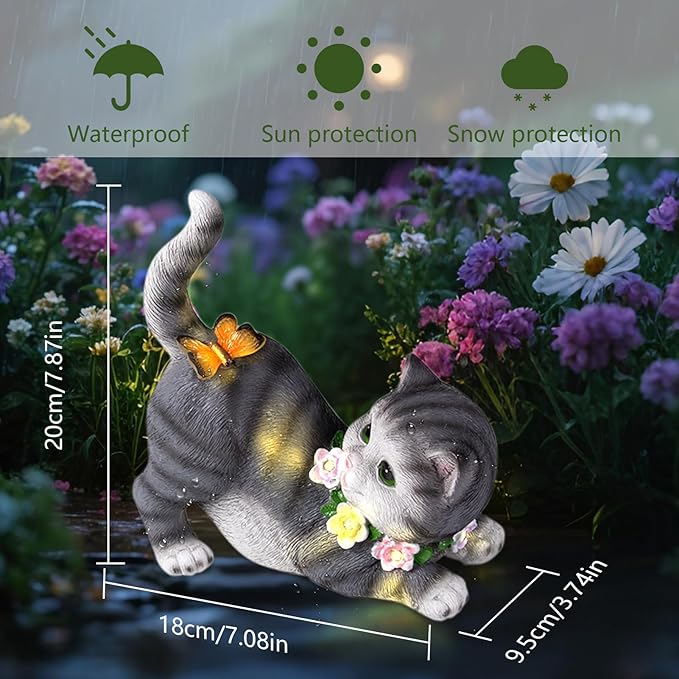Solar Garden Statue Cat Figurine, Resin Solar Lights with Flower Decor for Outside, Yard Art Patio Balcony Lawn Decorations, Unique Gifts for Mom Grandma Women and Cat Lover (Black)