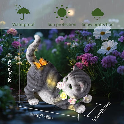 Solar Garden Statue Cat Figurine, Resin Solar Lights with Flower Decor for Outside, Yard Art Patio Balcony Lawn Decorations, Unique Gifts for Mom Grandma Women and Cat Lover (Black)