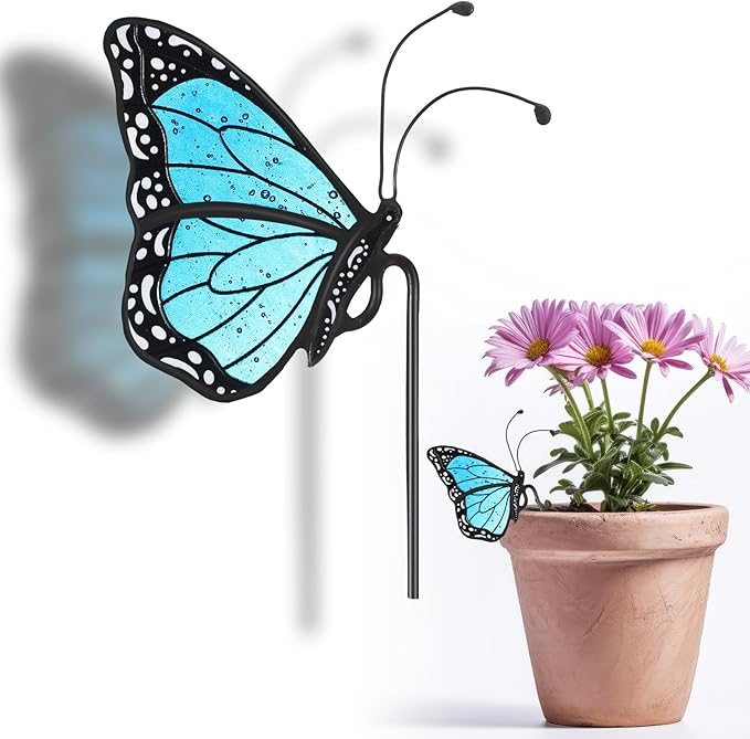 Geelin 1 Pc Stained Glass Butterfly Suncatcher Flower Pot Decoration Metal Plant Pot Hangers Colorful Garden Yard Suncatcher Decor for Spring Home Indoor Outdoor Decor(Blue)