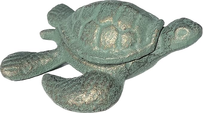 Top Brass Sea Turtle Key Hider Figurine - Cast Iron Garden Statue with Secret Storage Compartment Jewelry Trinket Box - Indoor/Outdoor Ocean Beach Decor