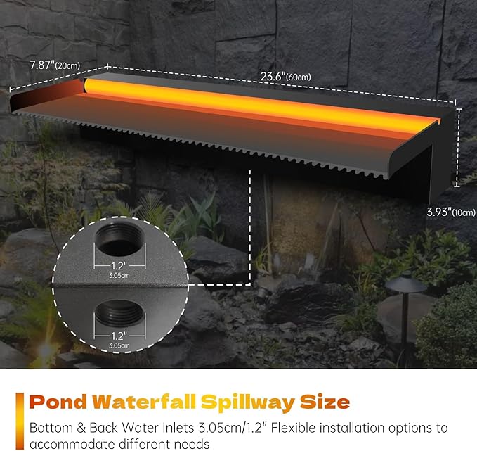 Pamopamo Pool Waterfall Spillway Stainless Steel Pond Fountain, APP Control Colorful LED Lighted Outdoor Black Fountains, Water Flow Spillways Kit for Koi Pond, Swimming Pool, Garden-23.6"x7.8"x3.9"