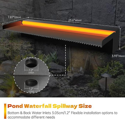 Pamopamo Pool Waterfall Spillway Stainless Steel Pond Fountain, APP Control Colorful LED Lighted Outdoor Black Fountains, Water Flow Spillways Kit for Koi Pond, Swimming Pool, Garden-23.6"x7.8"x3.9"