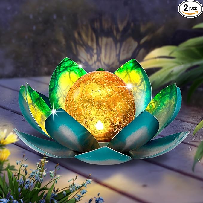AIINY Solar Light Outdoor(2Pack), Art Crackle Globe Glass Lotus Decoration, Solar LED Waterproof Blue Metal Flower Lights for Patio,Lawn,Walkway,Tabletop