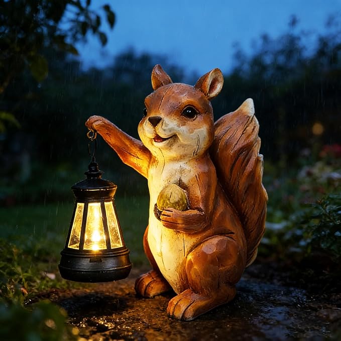 Garden Statue Outdoor,Solar Squirrel Decor Lights,Resin Figurine Squirrel with Solar Light for Patio,Balcony,Yard,Lawn Ornament,Perfect Garden Gift(Squirrel 1)