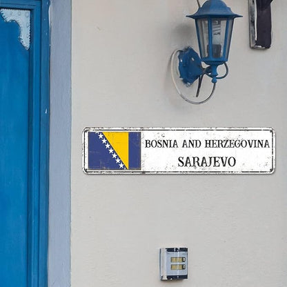 Bosnia and Herzegovina Custom Street Sign Bosnia and Herzegovina Flag Signs Capital City of Bosnia and Herzegovina Metal Sign Road Rustic Wall Art Home Decor Gift for Foreign Friend, Neighbor 24x6in