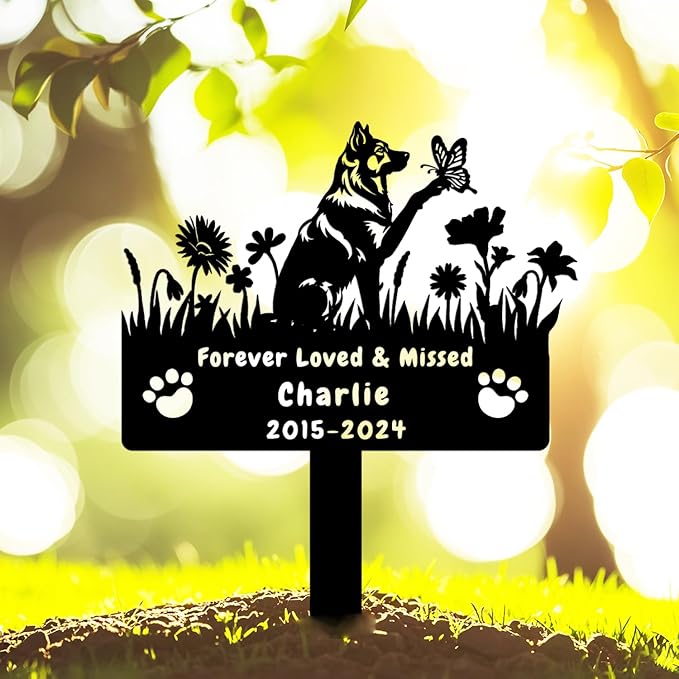 Custom German Shepherd Dog Memorial Grave Marker,Personalized Metal Flora Dog Memorial Stake,Dog Memorial Plaque Burial Stake Engraved Sign,Sympathy Grave Stake for Lost Dog,Dog Headstone