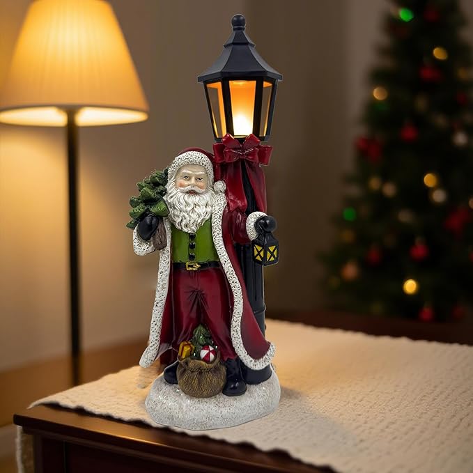 Santa Claus Statue with Light 12.6 inch Christmas Resin Figurine Desktop Decor, New Year's Day Outdoor Decoration for Porch Garden Yard Patio