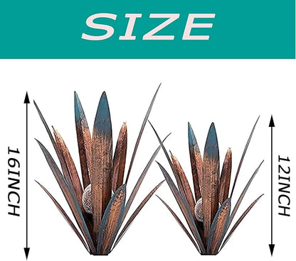 Jesokiibo 2pcs Tequila Sculpture Metal Agave Plant Home Decor Rustic Hand Painted Figurines Yard Decorations Lawn Ornaments（Multi-Color LED Solar Light Green） (Blue)