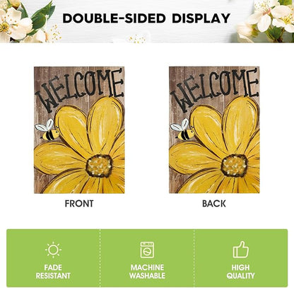 AVOIN colorlife Bee Sunflower Spring Summer Garden Flag 12x18 Inch Double Sided Outside, Welcome Wood Grain Yard Outdoor Flag