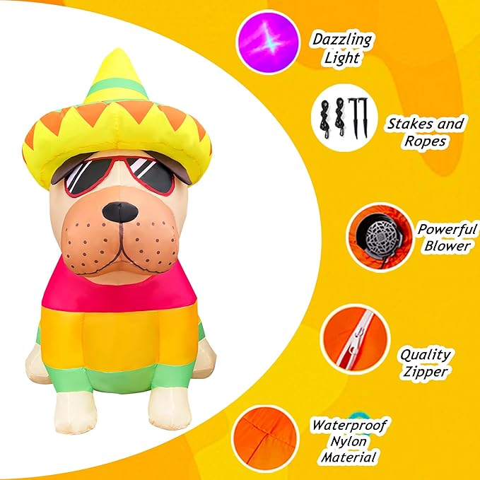 5 FT Cinco De Mayo Inflatables Outdoor Decorations, Bulldog with Taco Sombreros Glasses May 5 Blow up Inflatable Shar Pei Dog for Holiday Party Décor