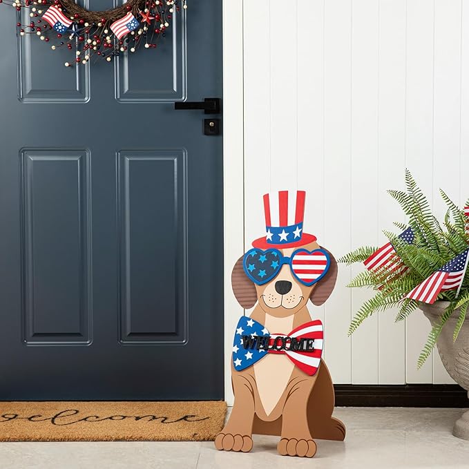 Glitzhome 30"H Patriotic Porch Sign Wooden Americana Labrador-shape Easel Porch Decor Front Door Sign for 4th of July Independence Day Memorial Day Decoration