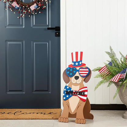 Glitzhome 30"H Patriotic Porch Sign Wooden Americana Labrador-shape Easel Porch Decor Front Door Sign for 4th of July Independence Day Memorial Day Decoration