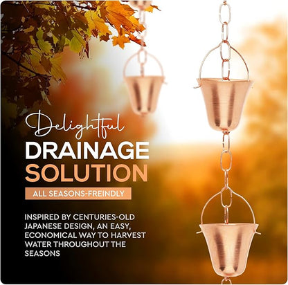 Copper Rain Chain – Decorative Chimes & Cups Replace Gutter Downspout & Divert Water Away from Home for Stunning Fountain Display – 6.5’ Long for Universal Fit – Bell Style
