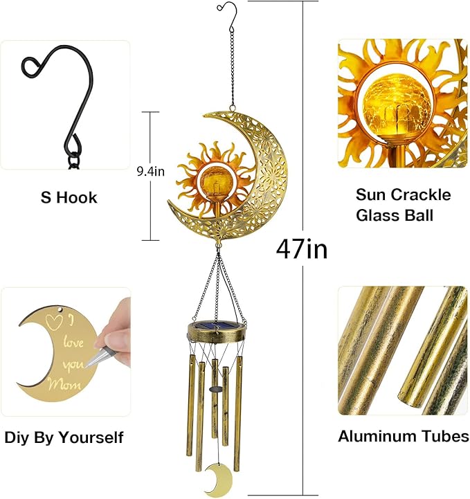 JYPS Sun Moon Solar Wind Chimes, 47-Inch Large Waterproof Windchimes for Outside with Glowing Crackle Glass Ball, Garden Patio Yard Decor Christmas Day Birthday Unique Gifts for Women Mom Grandma Wife