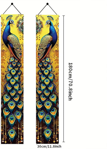 Peacock Porch Banners 180x30 CM Elegant Golden Peacock Decorations Hanging Door Signs Outdoor Home Decor Entryway Welcome Banner for Porch Patio Garden Party