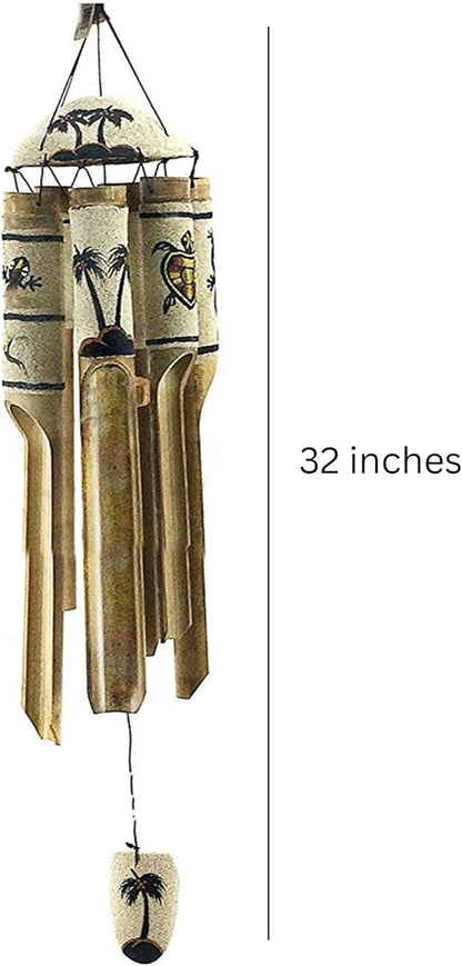 Bellaa 24629 Bamboo Wind Chimes Sea Sand Art Painting Palm Coconut Tree Gecko Sea Turtle Handmade Windchimes Outdoor Garden Patio Gifts 32 Inch