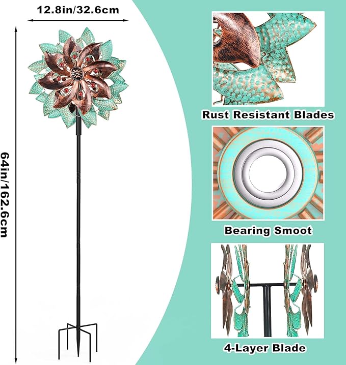 360°Metal Wind Spinners Outdoor for Garden Yard, 64" Kinetic Large Wind Spinner & Sculptures with Stable Metal Stake, Garden Windmill for Yard Lawn Patio Art Decor (Green-Brown)