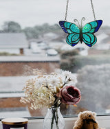 Blue Butterfly Suncatcher Stained Glass Window Hanging Panel Christmas Decor,Glass Butterfly Gift for Mom, Women 5.9×5.3Inch