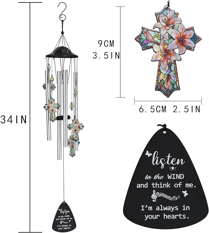 HDCRYSTALGIFTS 34'' Christian Gifts for Women Men, Memorial Wind Chimes for Outside, Religious Christian Sympathy Gifts for Loss of Loved One Mom Dad Friends Home Garden Decor (Cross)