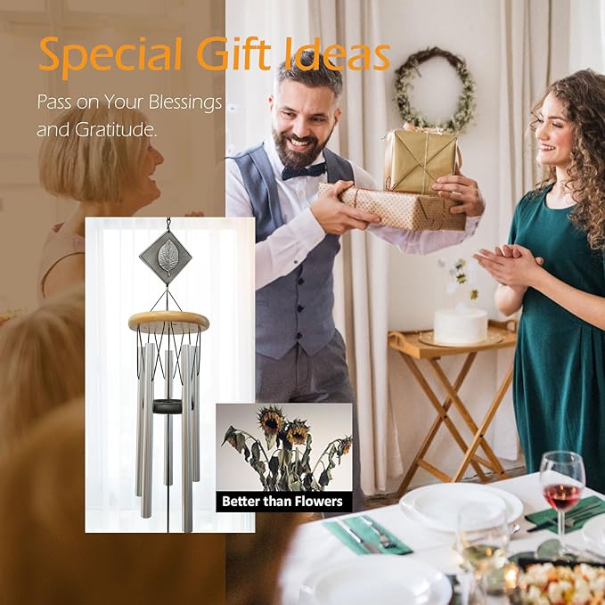 Wind Chimes for Outside,29" Lucky Leaf Memorial Wind Chimes Create a Zen Atmosphere for Oudoor,Garden Patio Yard Decor,Lucky Gift for Women/Mother/Father/Christmas/Unisex(Silver)
