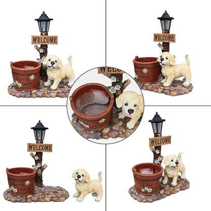 20" Solar Labrador Garden Statue with Welcome Sign & Planter - Large Dog Sculpture with LED Street Lantern - Weatherproof Resin Decorative Flower Pot for Porch, Yard & Patio - Pet Lover Gift