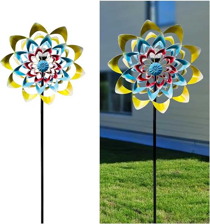 Outdoor Wind Spinner with Garden Stake 82.7" Metal Two-Way Wind Sculptures Solar Color Changing Lights Large Windmills for Garden,Patio,Yard,Lawn Decor Gifts Flower