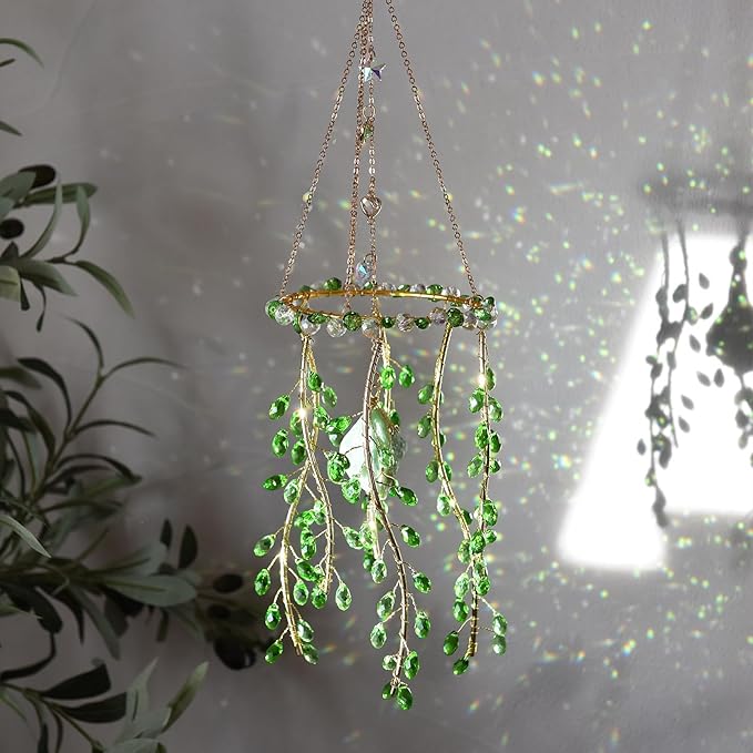 Crystal Hanging Suncatcher with Natural Stone, 16.9 Inch Decorative Wind Chime, Gold Chain & Branch Design (Green)