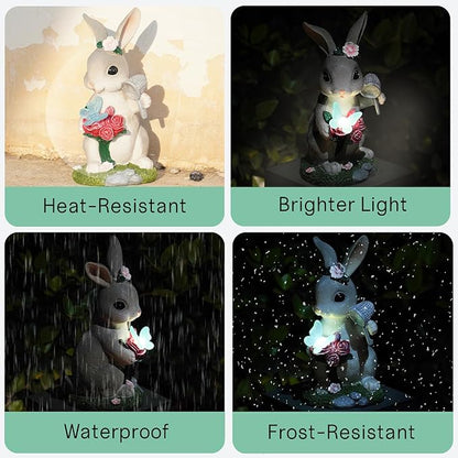 Garden Statues Rabbit with Solar Light,Bunny Outdoor Garden Decor Ornaments for Patio Yard Art,Birthday Gift Easter House Warming Garden for Women Mom,Resin Animal Figurine with Wider Base