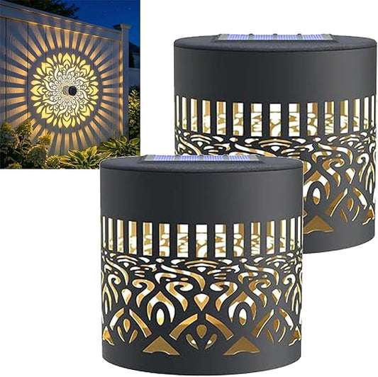 Decorative Solar Mandala Lights Outdoor, Solar Powered Metal Fence Light with Mandala Theme for Garden Post Patio Backyard Deck Step Wall Decor, Waterproof Windproof Durable Landscape (2Pcs REG Color)