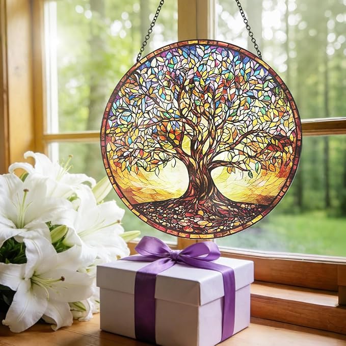 Stained Glass Window Hanging - Colorful Tree of Life Suncatcher with Metal Chain, Glass Panel Ornament for Home Window Wall Indoor Outdoor Decor Gift